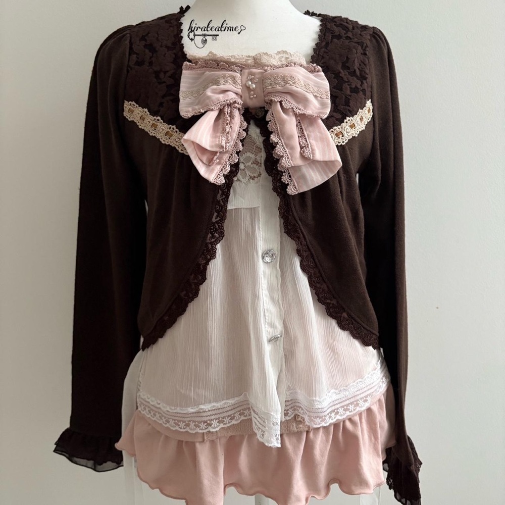 Brown Lace Cardigan with Pink Bow